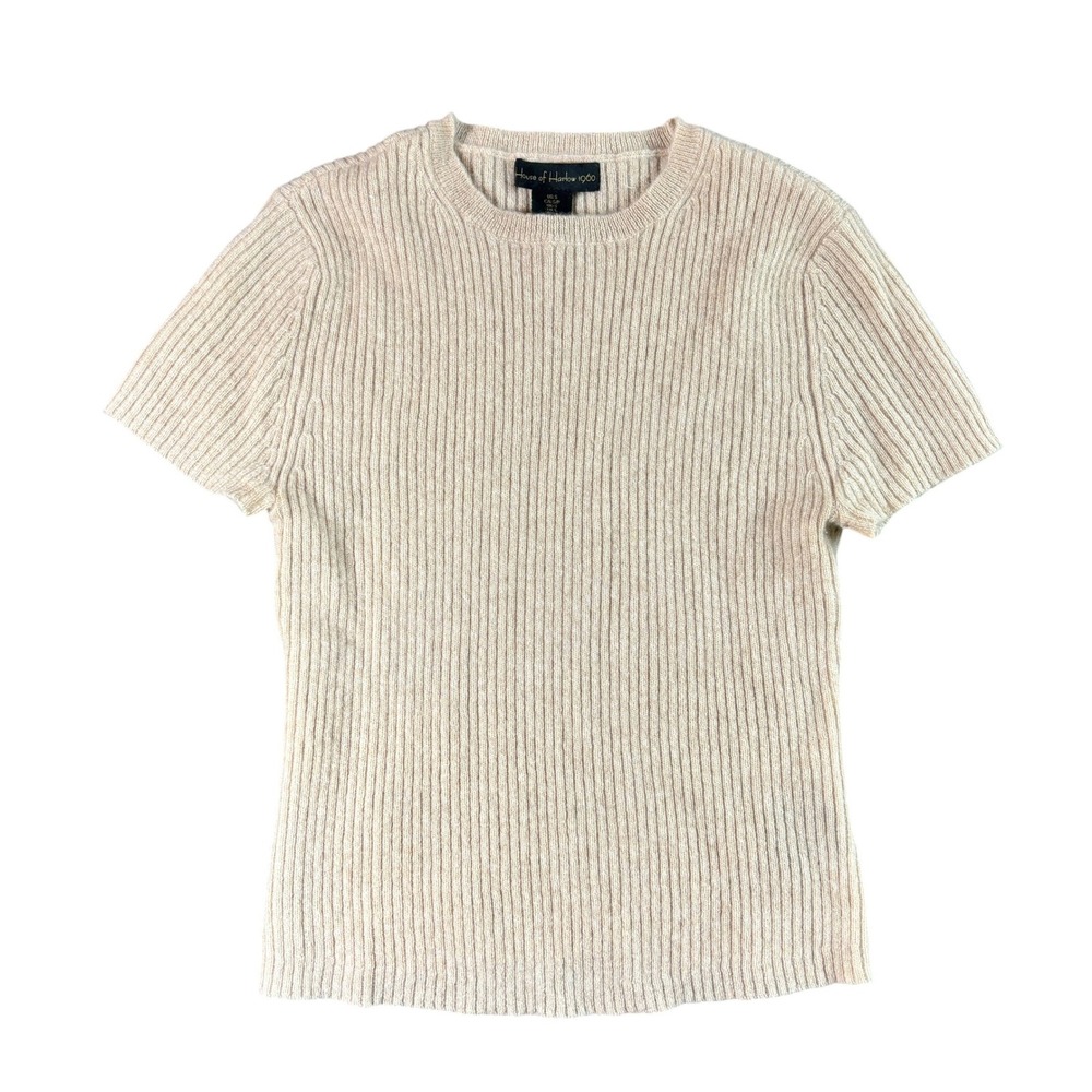 House of Harlow 1960 Womens 100% Cashmere Ribbed‎ Short Sleeve Sweater Beige S